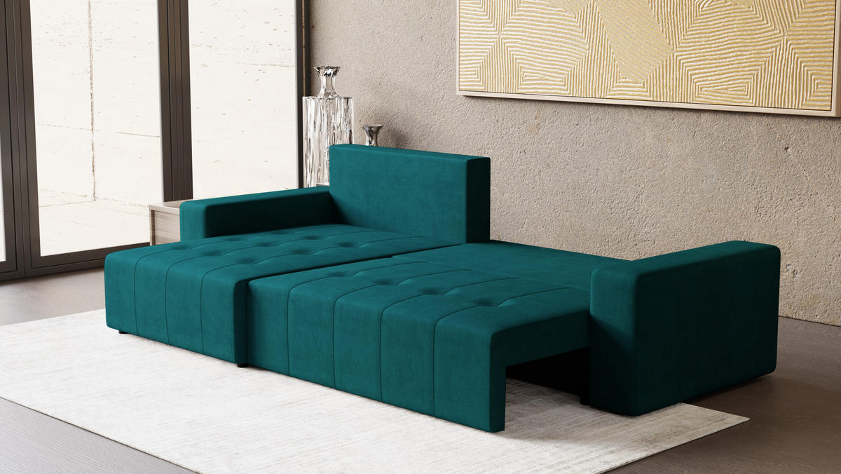 ECKSOFA Tico mit Bettkasten und Schlaffunktion, L-Form/XL-Form, Velourstoff, Universal - Türkis, Holzwerkstoff (276/145cm) - 4ALL HOME