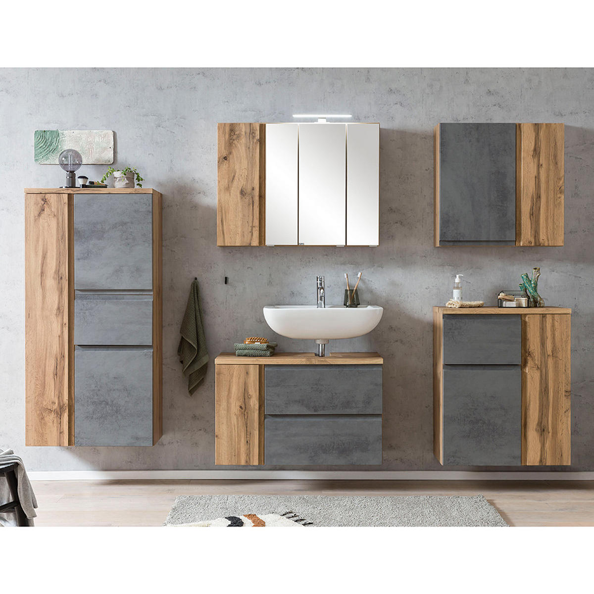 BADMÖBEL-SET 5-TLG. Vasto-03 - Grau, Holzwerkstoff (265/200/35cm) - Lomado