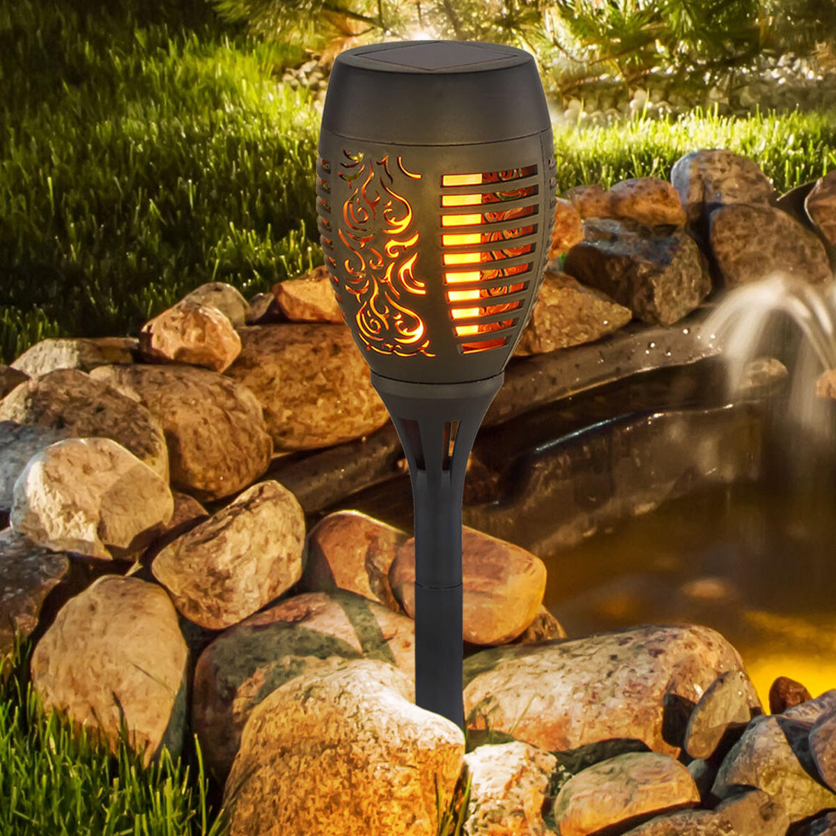 LED AUSSENLEUCHTE Solar Feuereffekt Schwarz 2er Set - Schwarz, Kunststoff (9.5/9.5/49.5cm) - Globo Lighting