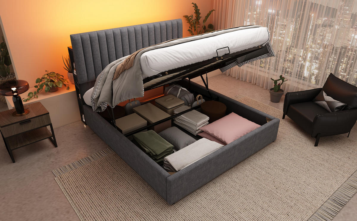 POLSTERBETT 140/200 cm in Grau Leinen mit Bettkasten, LED und USB Type-C - Grau, Holzwerkstoff/Textil (140/200cm) - WISHDOR