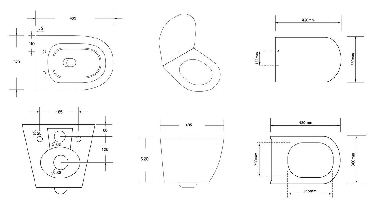 WAND-WC-SET Rolo Weiß, 4-teilig, Betätigungsplatte Schwarz, eckige Tasten, 48,5/50/112 cm - Schwarz, Keramik (50/112/48.5cm) - bad land