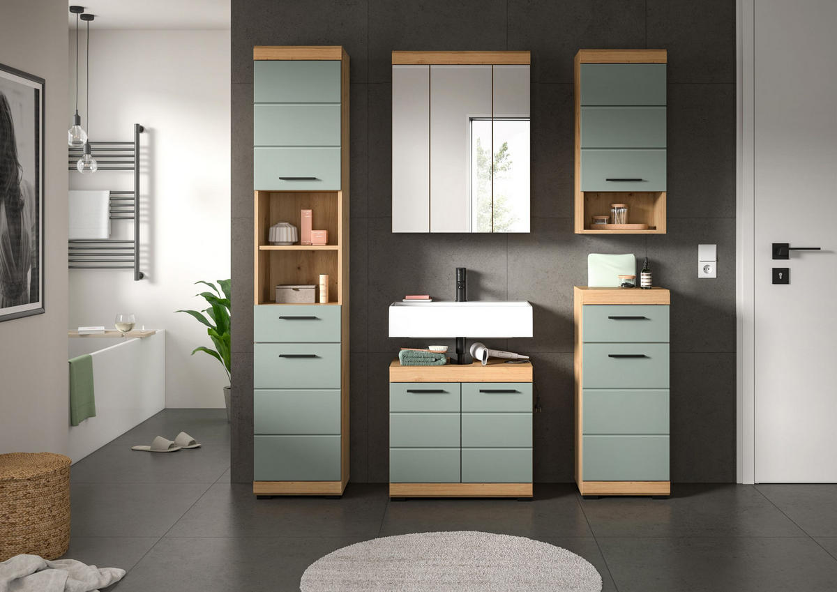 BADKOMBINATION 5tlg. Scout Bad in Artisan Eiche Nachbildung und Salbei Nachbildung B/H/T: 164x191x34 cm - Eiche Artisan, Holz (164/191/34cm)