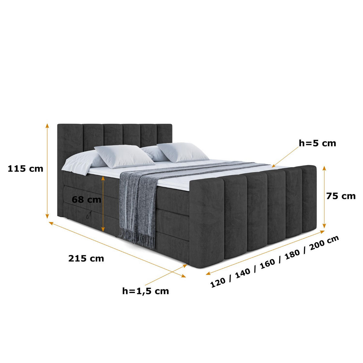 BOXSPRINGBETT BOXI1-Z KING - 160x200 - H3/H4 - Schwarz - Schwarz, Holzwerkstoff (160/200cm) - ALTDECOR