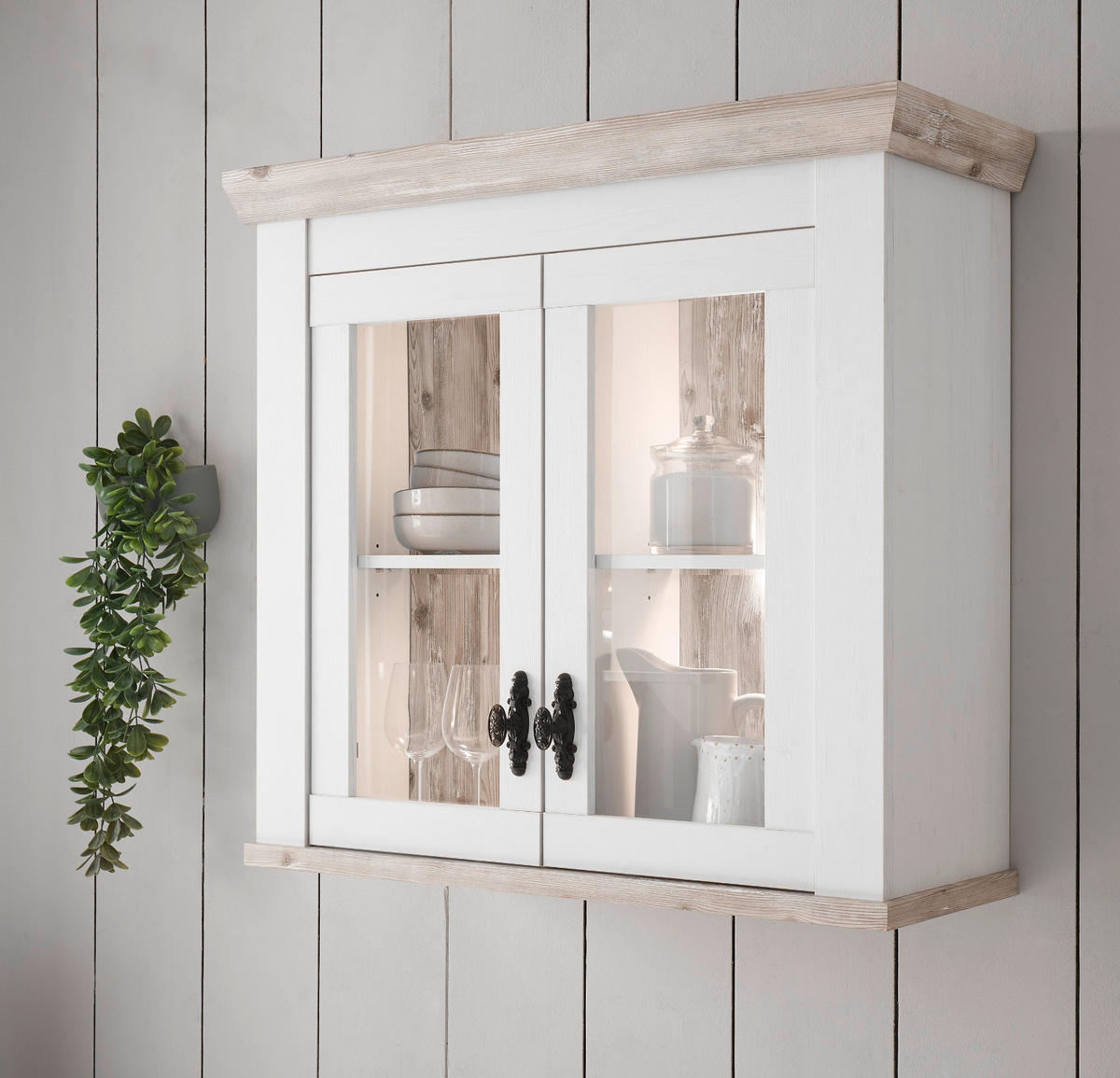 HÄNGESCHRANK weiß Pinie Landhaus, Küchenschrank hängend 92 x 85 cm, Soft-Close - Schwarz/Weiß, Glas/Holzwerkstoff (92/85/34cm) - Furn.Design