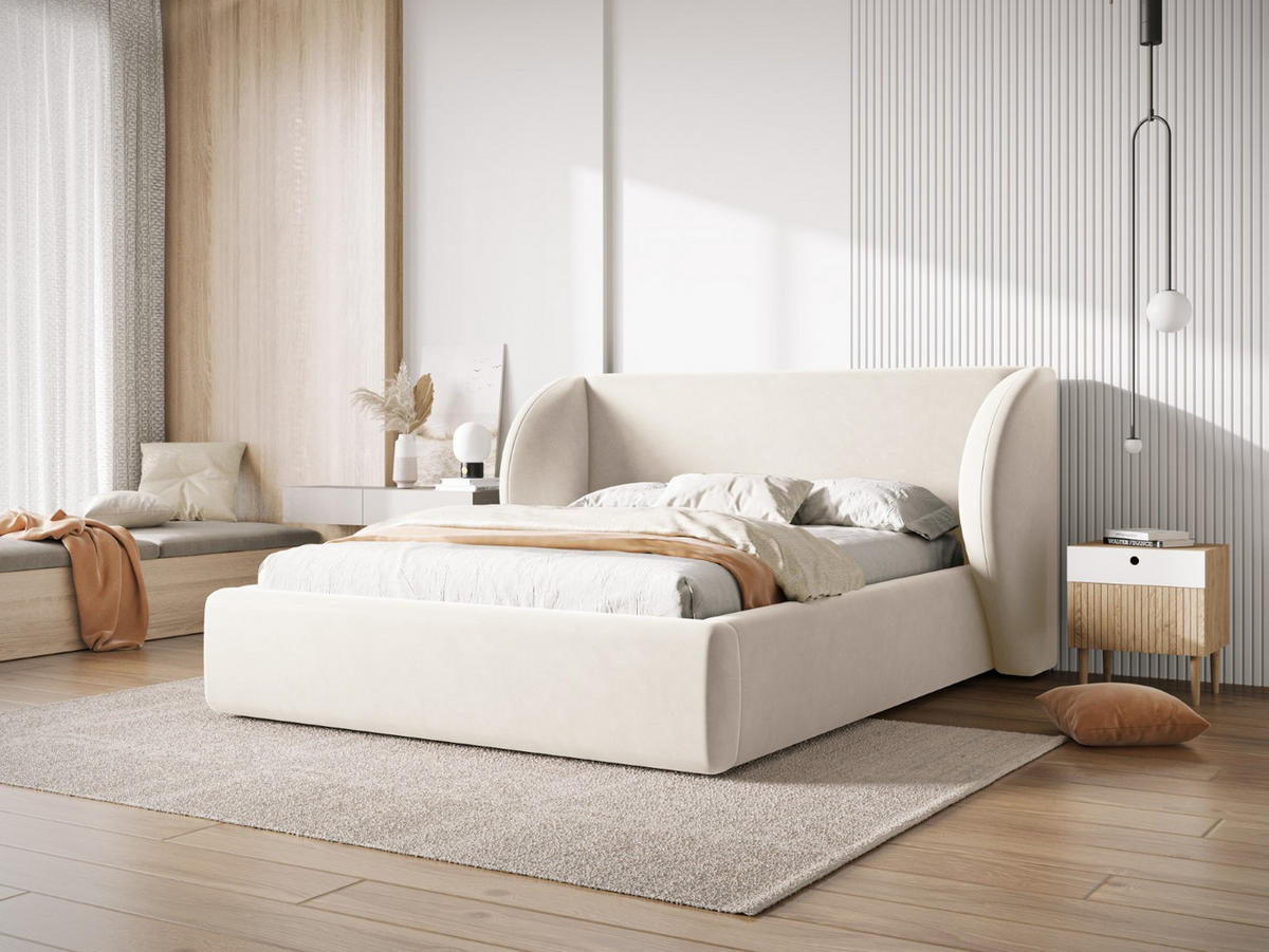 BETT mit Bettkasten und Kopfteil Miley aus Samt leichtes beige 160x200cm - Beige, Textil (160/200cm) - Micadoni