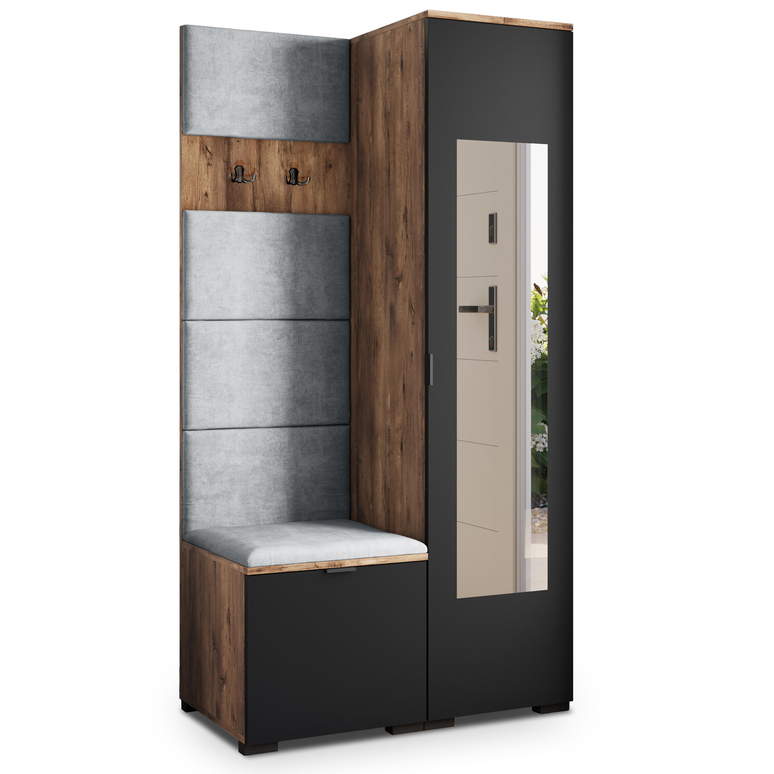 Masseno Garderobenschrank Eiche, Schwarz, Hellgrau 95x181x51 cm