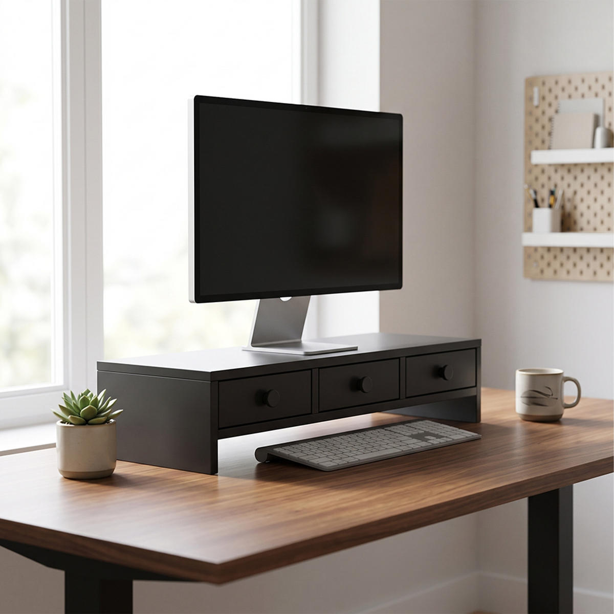 MONITORSTÄNDER Schwarz MDF 3 Schubladen 51x24x12,5 cm - Schwarz, Holzwerkstoff (24/51/12.5cm) - Relaxdays