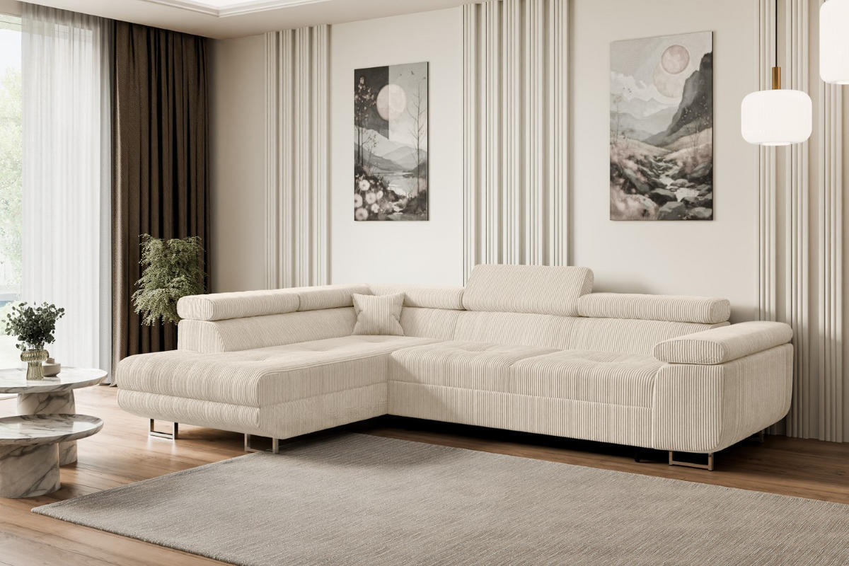 ECKSOFA mit Schlaffunktion und Bettkasten GUSA-L 272x202x107 cm Beige Cord - Beige/Silberfarben, Holzwerkstoff/Textil (202/272cm) - ALTDECOR