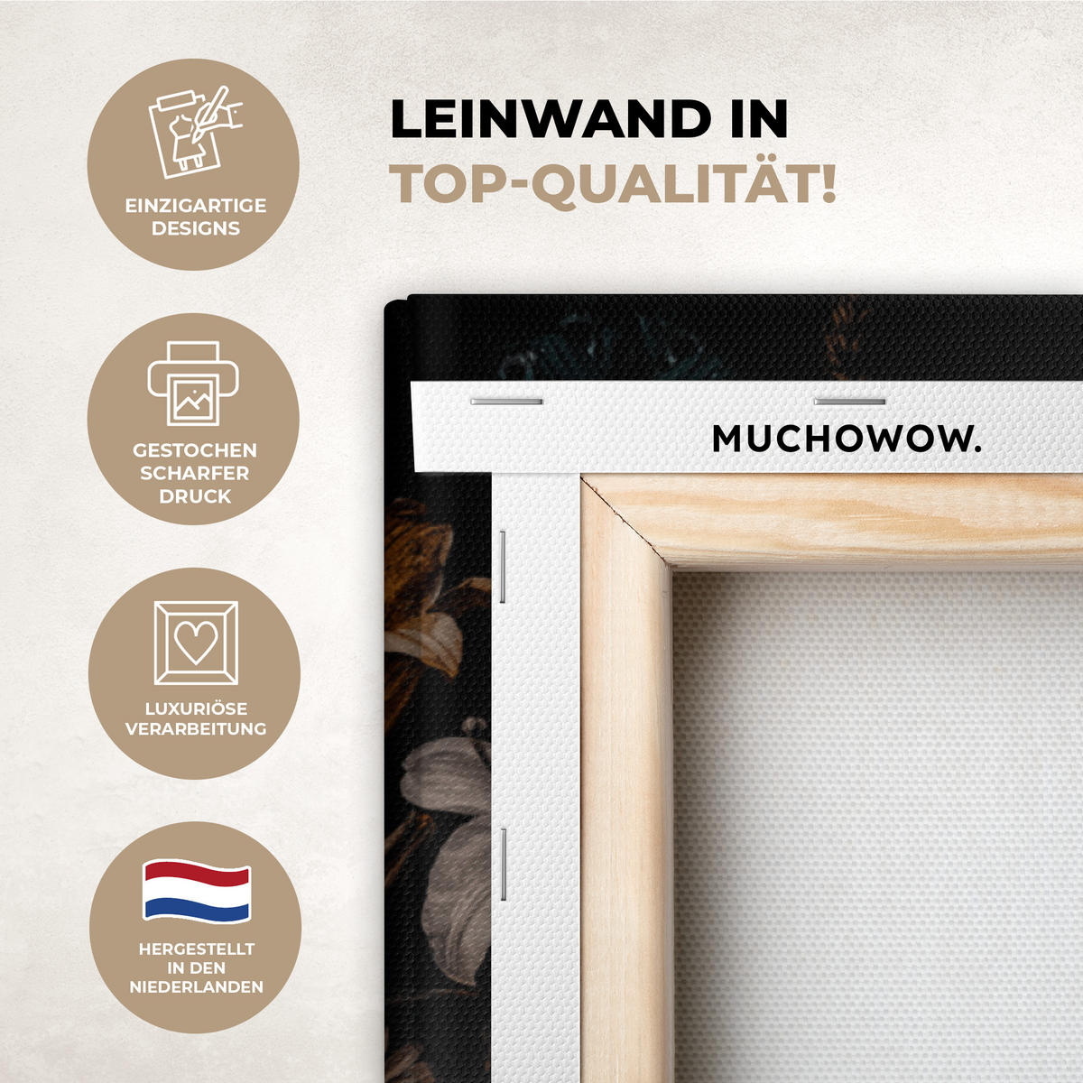 LEINWANDBILD Frau - Luxus - Blumen - Schmetterling - Porträt 90x90 cm - Schwarz, Textil (90/90cm) - MuchoWow