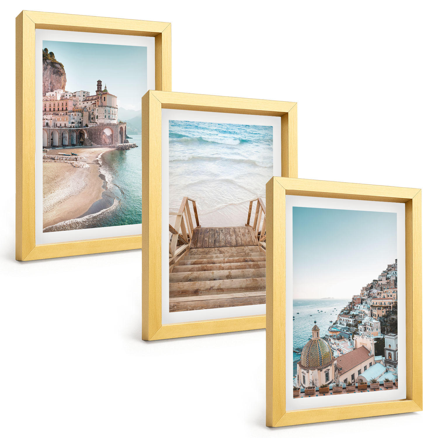 BILDER SET 3er Set - 20x30 cm Goldrahmen - Sommerliche Strandansichten in Pastellfarben - Goldfarben, Kunststoff (20/30cm) - TULUP