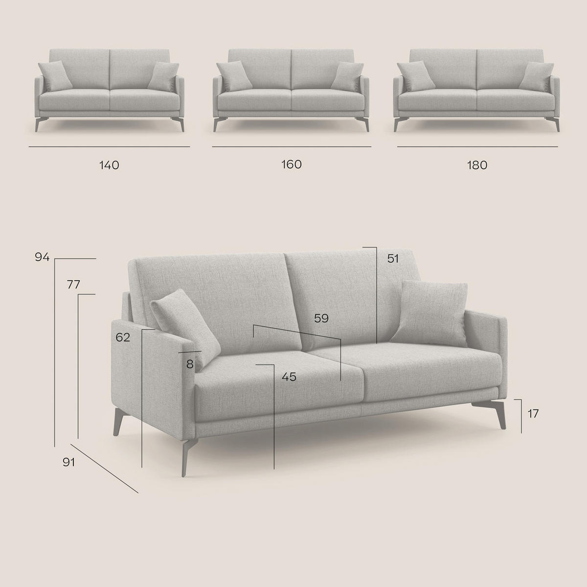 LINEARSOFA Saturno - Braun, Textil (180/94/90cm) - Divani.store