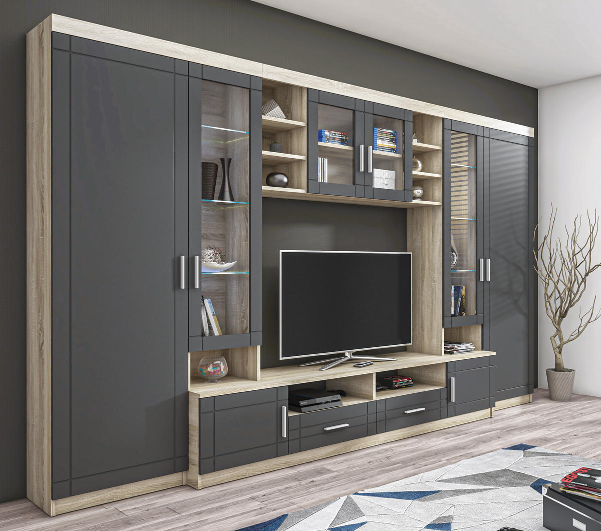 WOHNWAND Parisca Sonoma Eiche, Graphit 340/198/44 cm mit viel Stauraum - Beige/Grau, Holzwerkstoff/Kunststoff (340/198/44cm) - AX Living