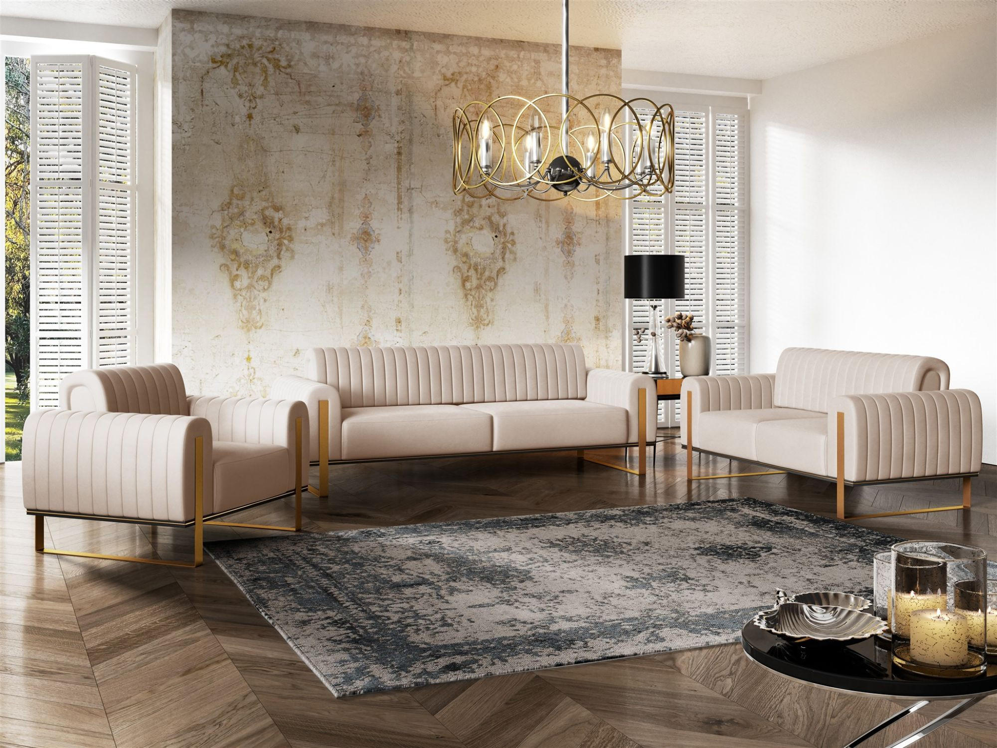 SOFASET Valerie 3-2-1 - Beige, Holzwerkstoff/Textil (228/79/90cm) - Fun Möbel