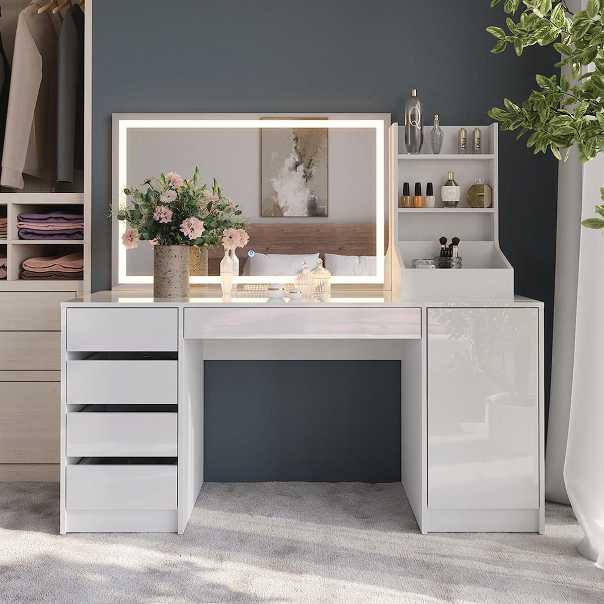 SCHMINKTISCH Sherry Weiß/Weiß Hochglanz 158.2 cm 3 Teile - Weiß Hochglanz, Holzwerkstoff (158.2/76/50.1cm) - Vicco