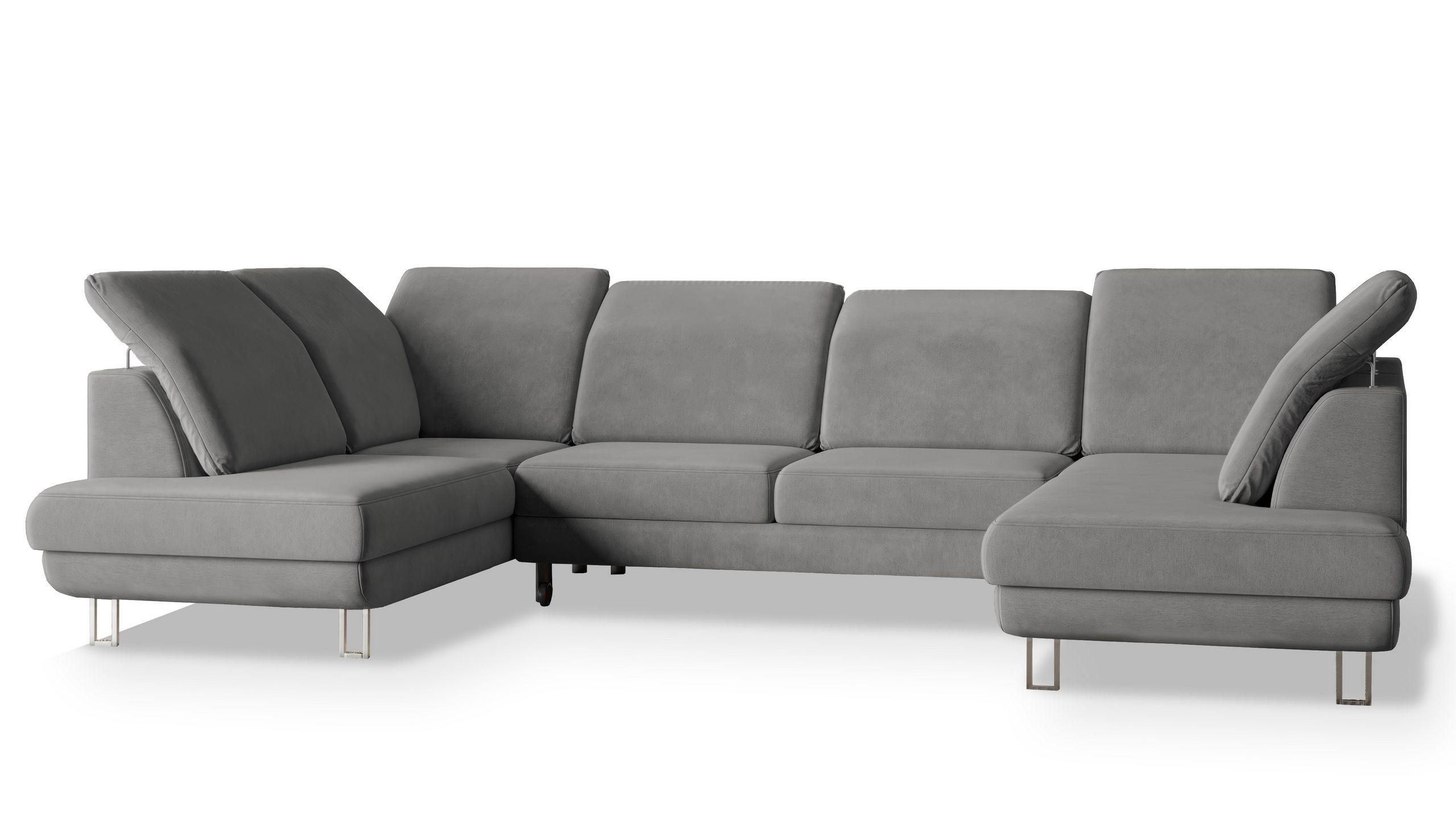 WOHNLANDSCHAFT TERAMO Grau Velours-Stoff mit Schlaffunktion - Grau, Holz (316/88/193cm) - MASSENO