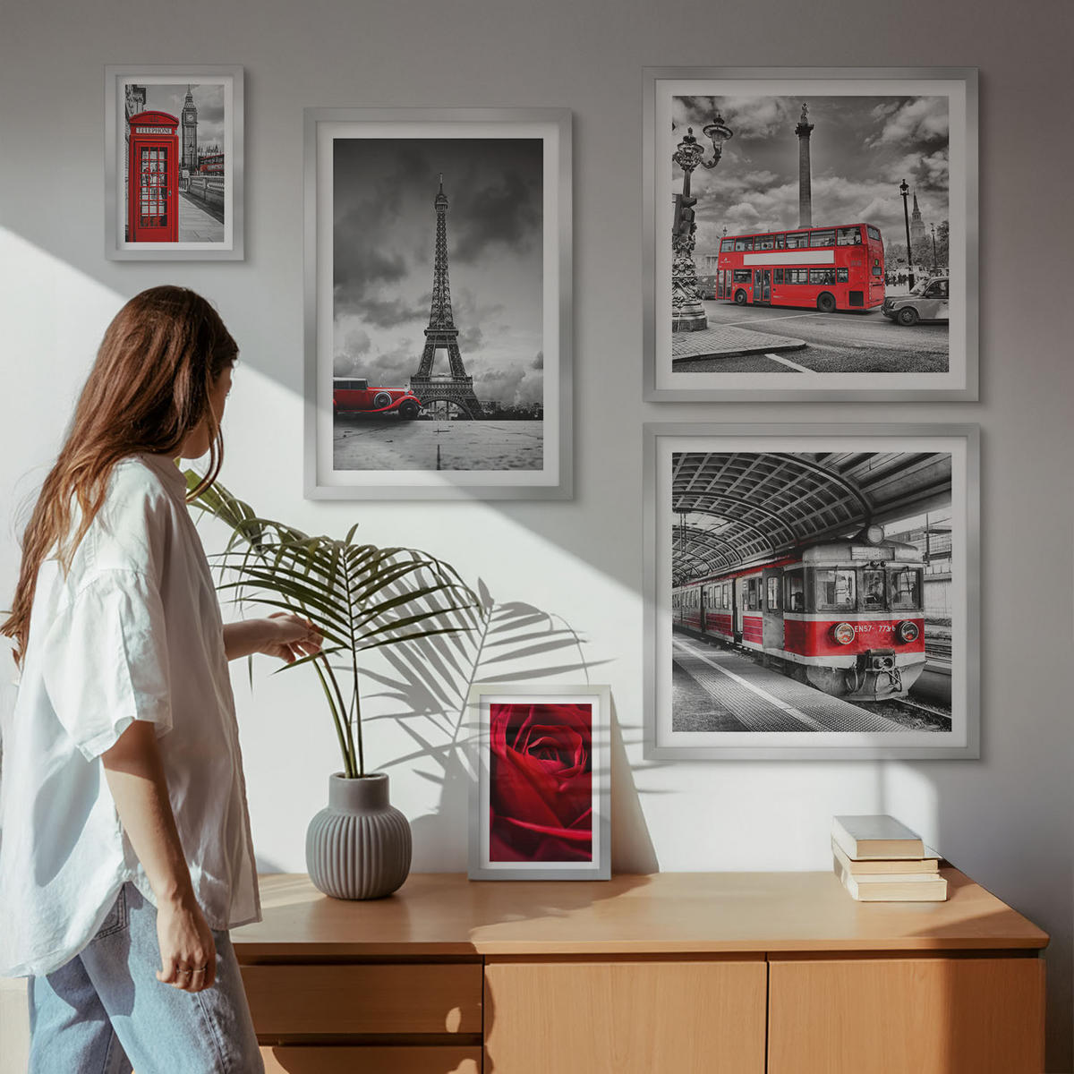 WANDBILDER 5er Set - 50x50 cm & 20x30 cm & 40x60 cm Silberner Rahmen - Ikonische Städte London Paris Eisenbahn - Silberfarben, Kunststoff (40/60cm) - ArtPrintCave