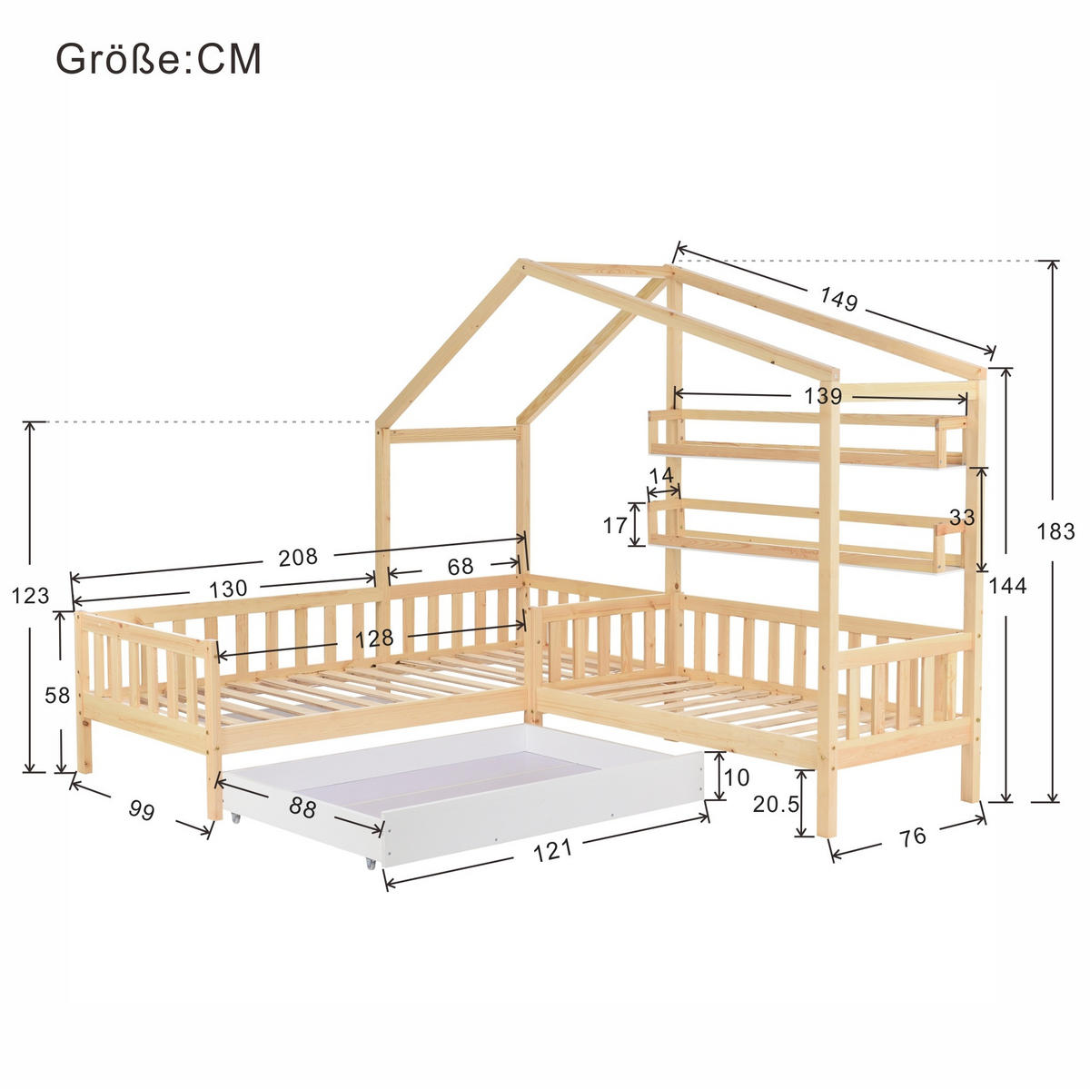 HAUSBETT 90/200 cm mit Seitenliege 140/70 cm, Schublade und Regalen, Natur - Naturfarben, Holz (90/200cm) - Flora Grace