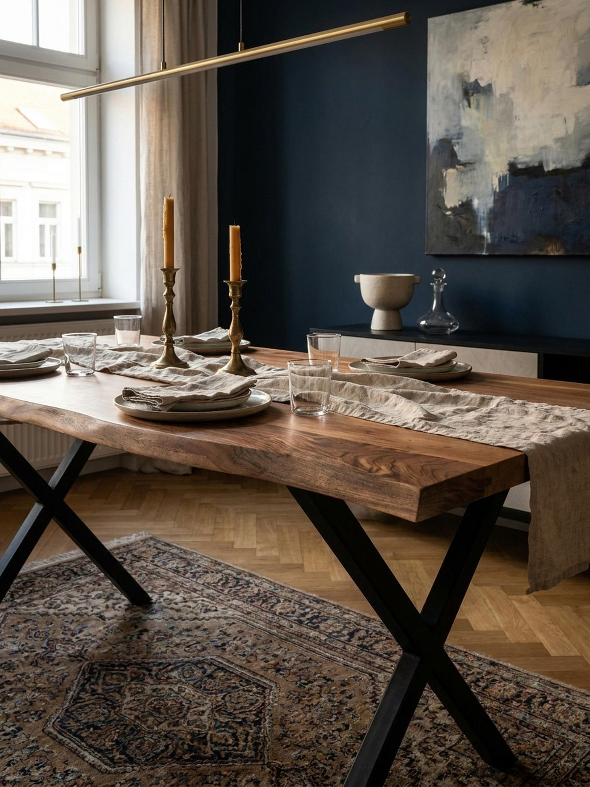 ESSTISCH Massivholz Metall X-Gestell Baumkante Industrial KRETA, Goldbraun-Schwarz 200x100x76 cm - Schwarz/Braun, Holz/Metall (100/200/76cm) - KADIMA DESIGN