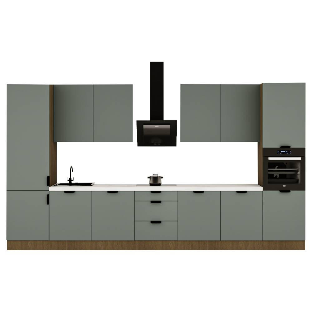 KÜCHENZEILE 420 cm - SorentoKS7-M420 - in Grün / Dunkle Eiche - Eichefarben/Schwarz, Holz/Metall (420/247/58cm)