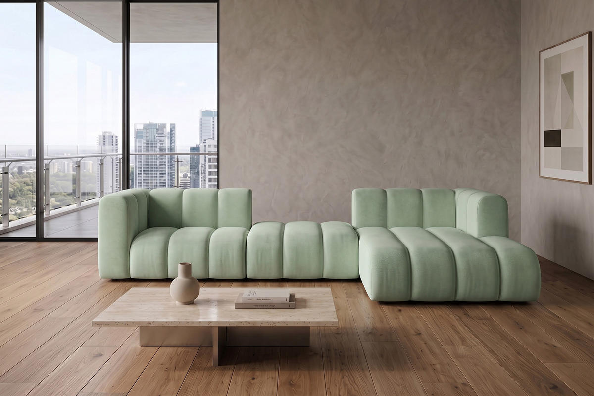 ECKSOFA Modulares In L-Form, Velvet-Stoff Riviera, Mintz, Rechts, GRAND 319 cm - Mintgrün, Holz (319/175cm) - Kaiser Möbel