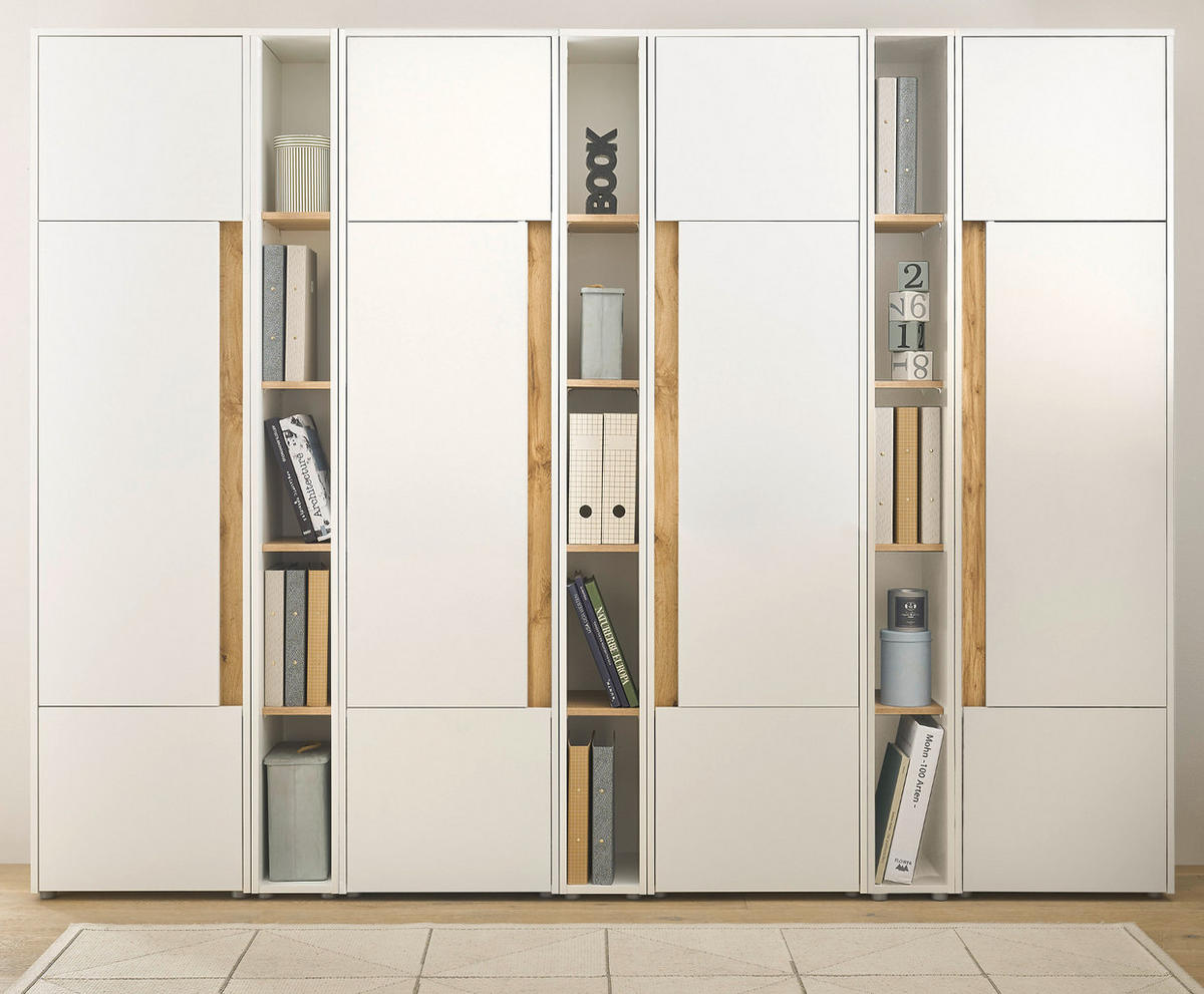AKTENSCHRANK Set 7-teilig weiß matt, Eiche Wotan 260 x 200 cm, Schrank-Regal-Kombination mit 35 Fächern - Eichefarben/Silberfarben, Holzwerkstoff/Kunststoff (260/200/40cm) - Furn.Design
