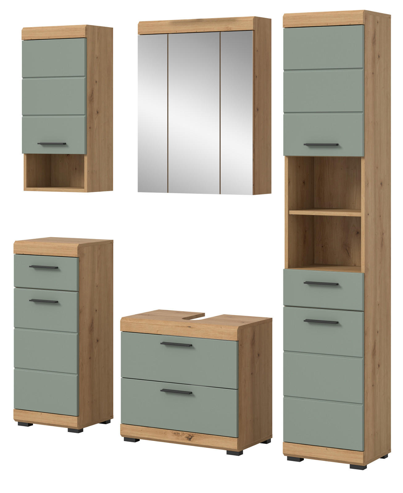 BADMÖBEL-SET Salbei grün, Eiche Artisan 5-teilig 164 cm, Komplettset mit viel Stauraum - Salbeigrün/Schwarz, Glas/Holzwerkstoff (164/191/37cm) - Inn.Furn
