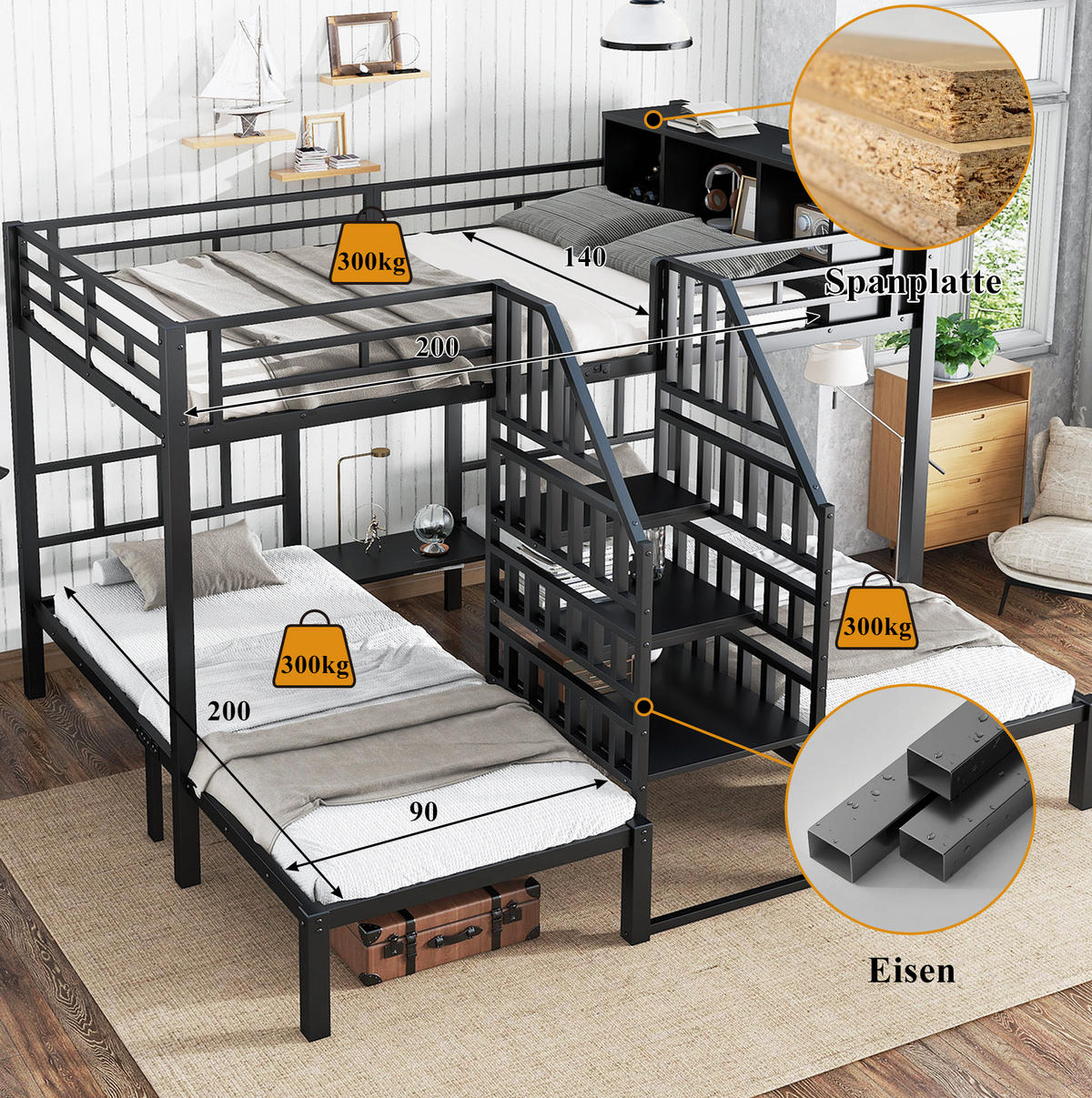 ETAGENBETT 90/200 & 140/200 cm in Schwarz mit Treppe und Stauraum - Schwarz, Metall (90/200cm) - OKMYHOME
