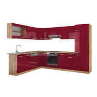 ECKKÜCHE R-Line Rot Hochglanz/Goldkraft Eiche 287 x 46 cm ohne Arbeitsplatte - Rot/Eiche Wotan, Holzwerkstoff (287/81.6/46cm) - Vicco