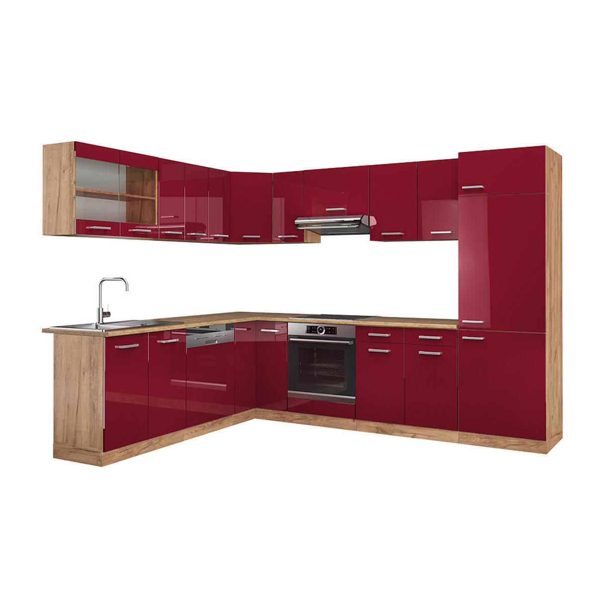 ECKKÜCHE R-Line Rot Hochglanz/Goldkraft Eiche 287 x 46 cm ohne Arbeitsplatte - Rot/Eiche Wotan, Holzwerkstoff (287/81.6/46cm) - Vicco