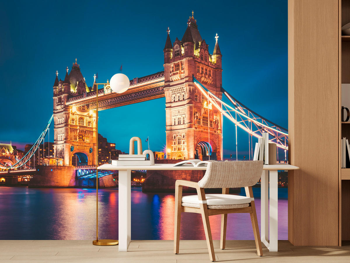 FOTOTAPETE für Wohnzimmer Tower Bridge London Thames Panorama 450x315 - Gelb/Rot, Papier (450/315cm) - Muralo