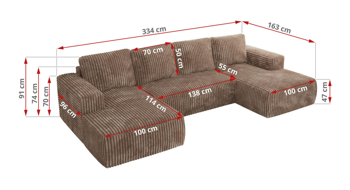 WOHNLANDSCHAFT TRENTINO U Braun Cord - Braun, Textil (334/91/163cm) - MKS