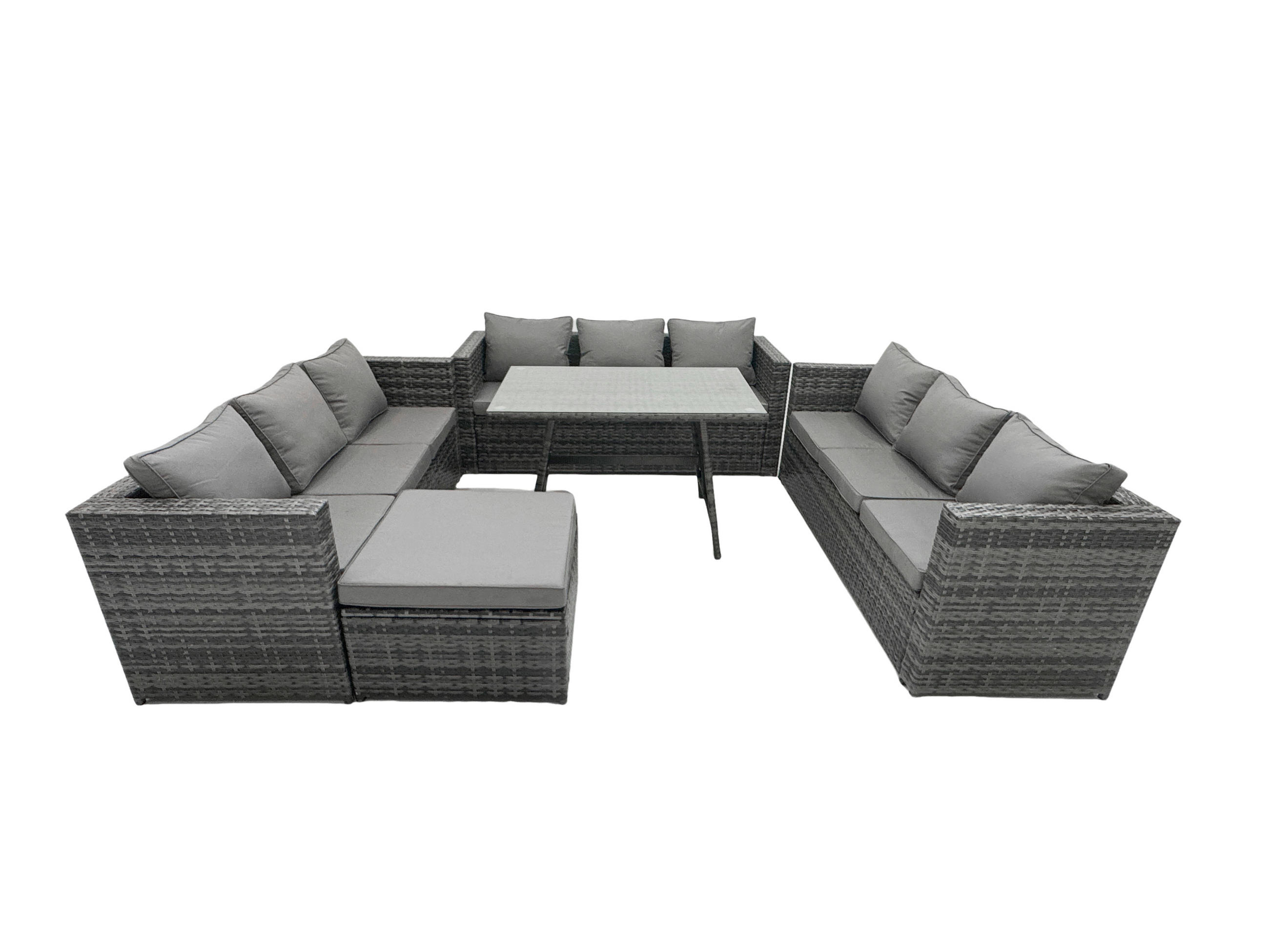 LOUNGESOFA SET Esstisch Polyrattan 10-Sitzer - Dunkelgrau/Grau, Glas/Kunststoff - Fimous