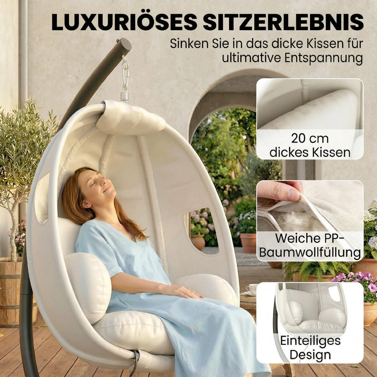 HÄNGESESSEL Verzinkter-Stahl Polyester Hellgrau - Hellgrau/Schwarz, Textil/Metall (95/180/117cm) - Outsunny