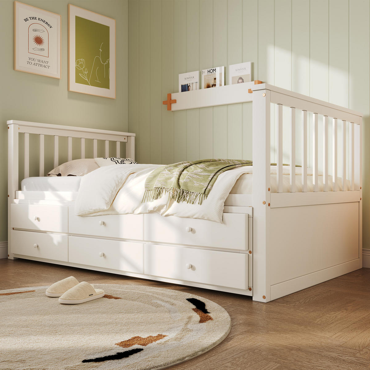 DAYBETT 90x200 cm Rollbett Schubladen weiß - Weiß, Holz (90/200cm) - LEBENLANG