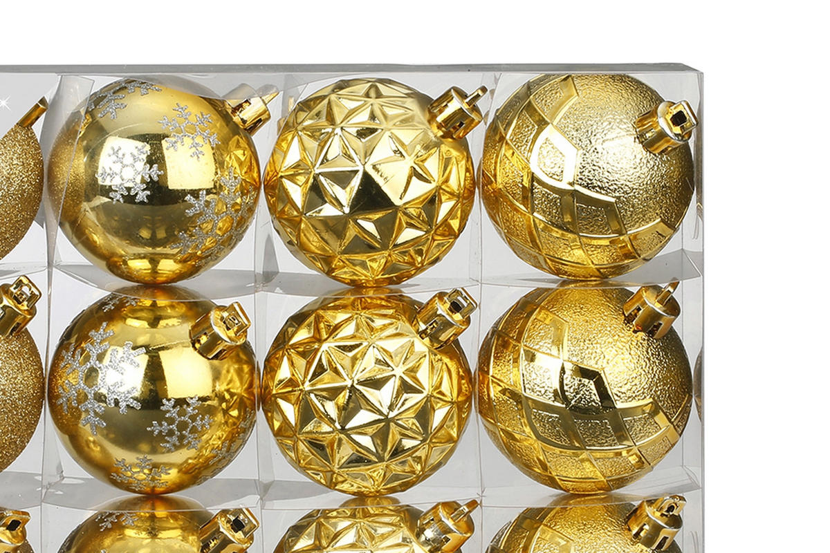CHRISTBAUMKUGEL-SET 12 Ornamenten: runde Goldmischung 6 cm - Goldfarben, Kunststoff (0.01/1/0.01cm) - LAALU