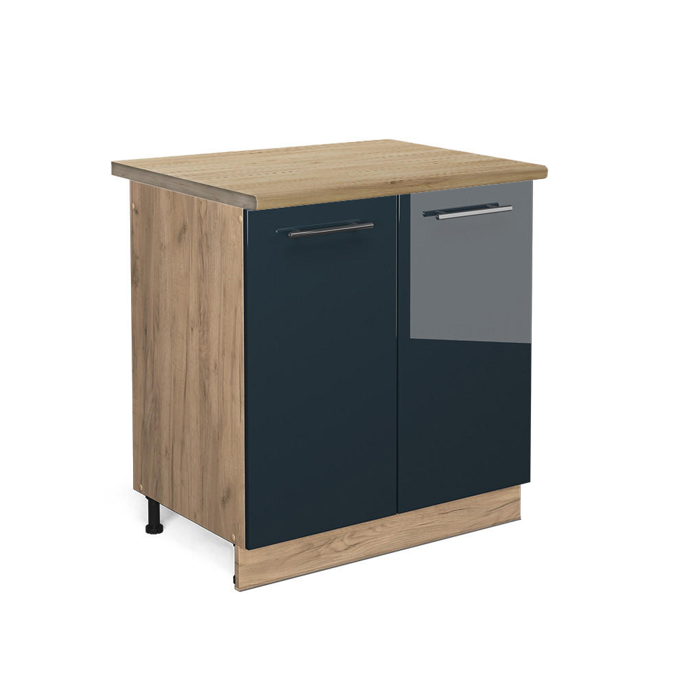 SPÜLENUNTERSCHRANK Fame-Line Dunkelblau Hochglanz 80 cm, AP Eiche - Eiche Wotan/Dunkelblau, Holzwerkstoff (80/82/60cm) - Vicco