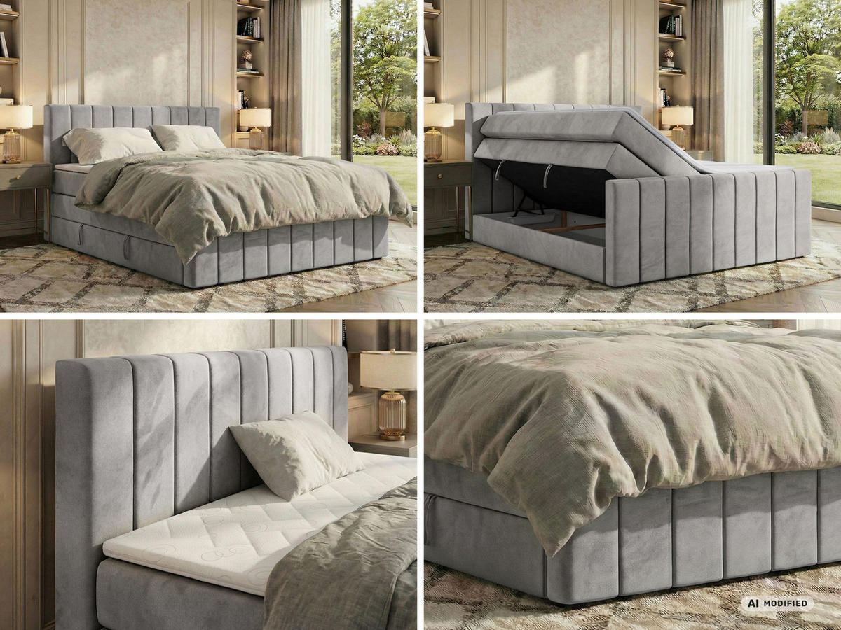 BOXSPRINGBETT ALVER KING DUO 200/200 - Hellgrau Velvet - Topper T25 - H4 - Hellgrau/Schwarz, Kunststoff/Textil (200/200cm) - MKS