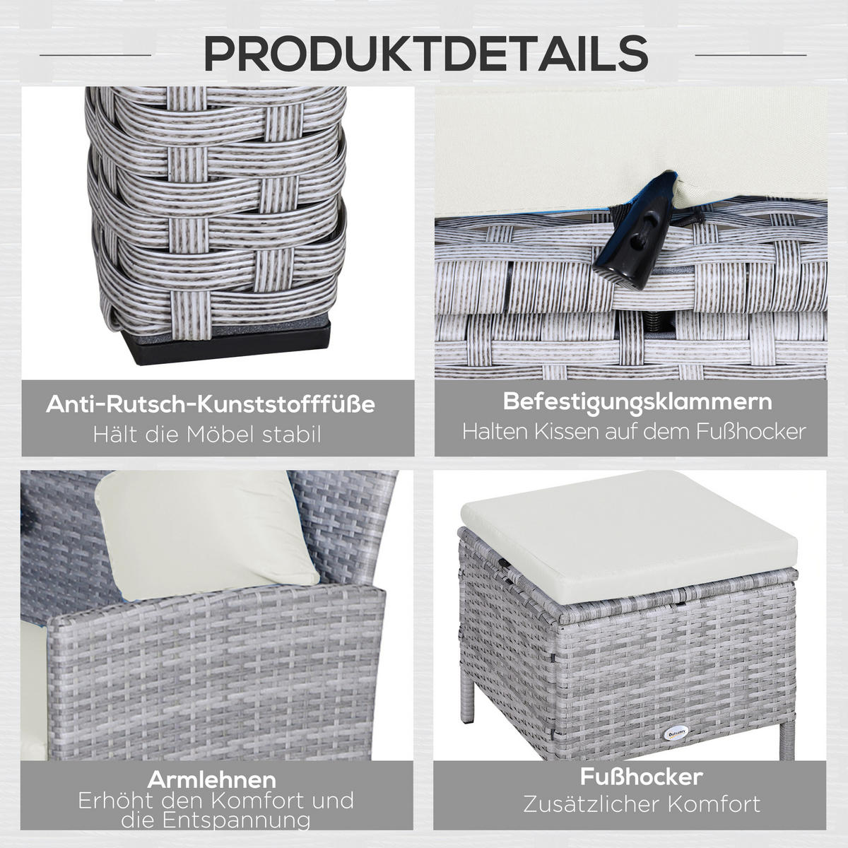 GARTENMÖBEL Set, PE-Rattan, Grau+Creme - Creme/Grau, Kunststoff - Outsunny