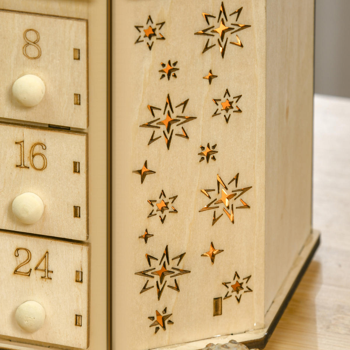 ADVENTSKALENDER zum Befüllen, 24 Schubladen Fächer, mit LED-Lichtern, Naturholz - Naturfarben, Kunststoff (13/43/45cm) - HOMCOM