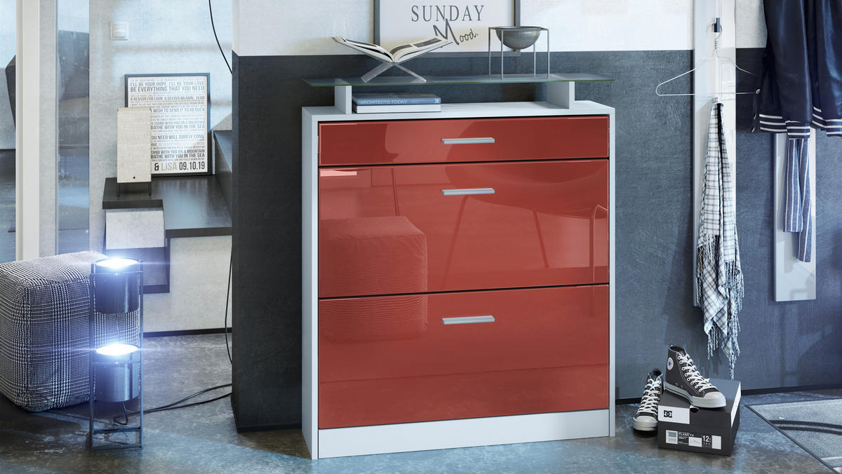 SCHUHSCHRANK Loret Front in Bordeaux Hochglanz - Bordeaux, Holzwerkstoff (89/104/23cm) - Vladon
