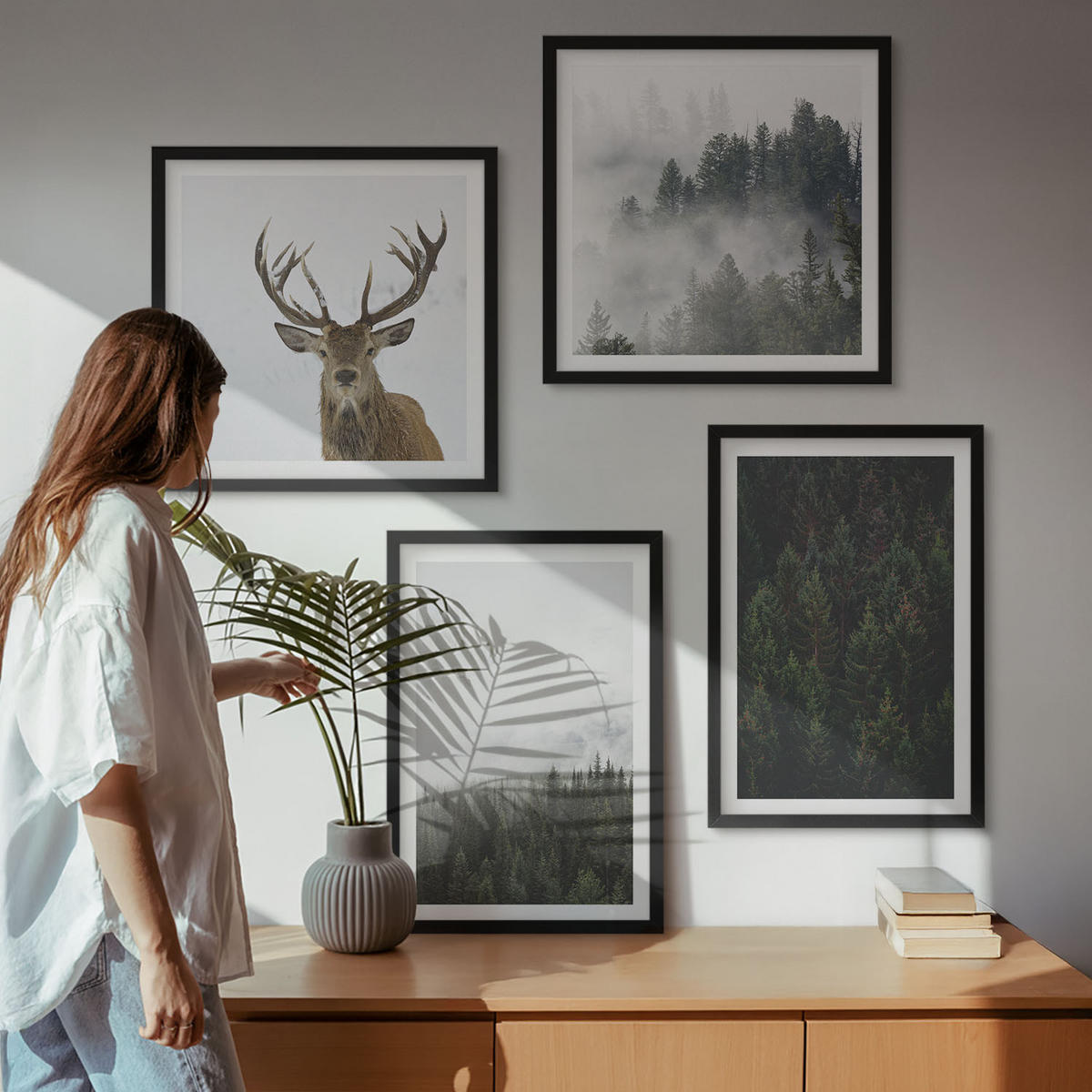WANDBILDER 4er-Set - 50x50 cm & 40x60 cm Schwarzer Rahmen - Grüne Wälder, neblige Landschaft - Schwarz, Kunststoff (50/50cm) - ArtPrintCave