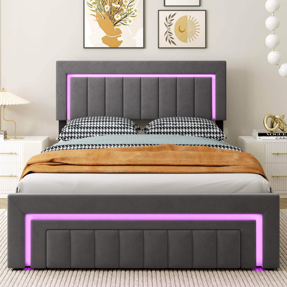 POLSTERBETT 140/200 cm in Grau, mit Bettkasten und Schubladen , mit LED, ohne Matratze - Grau, Holzwerkstoff/Textil (140/200cm) - WISHDOR