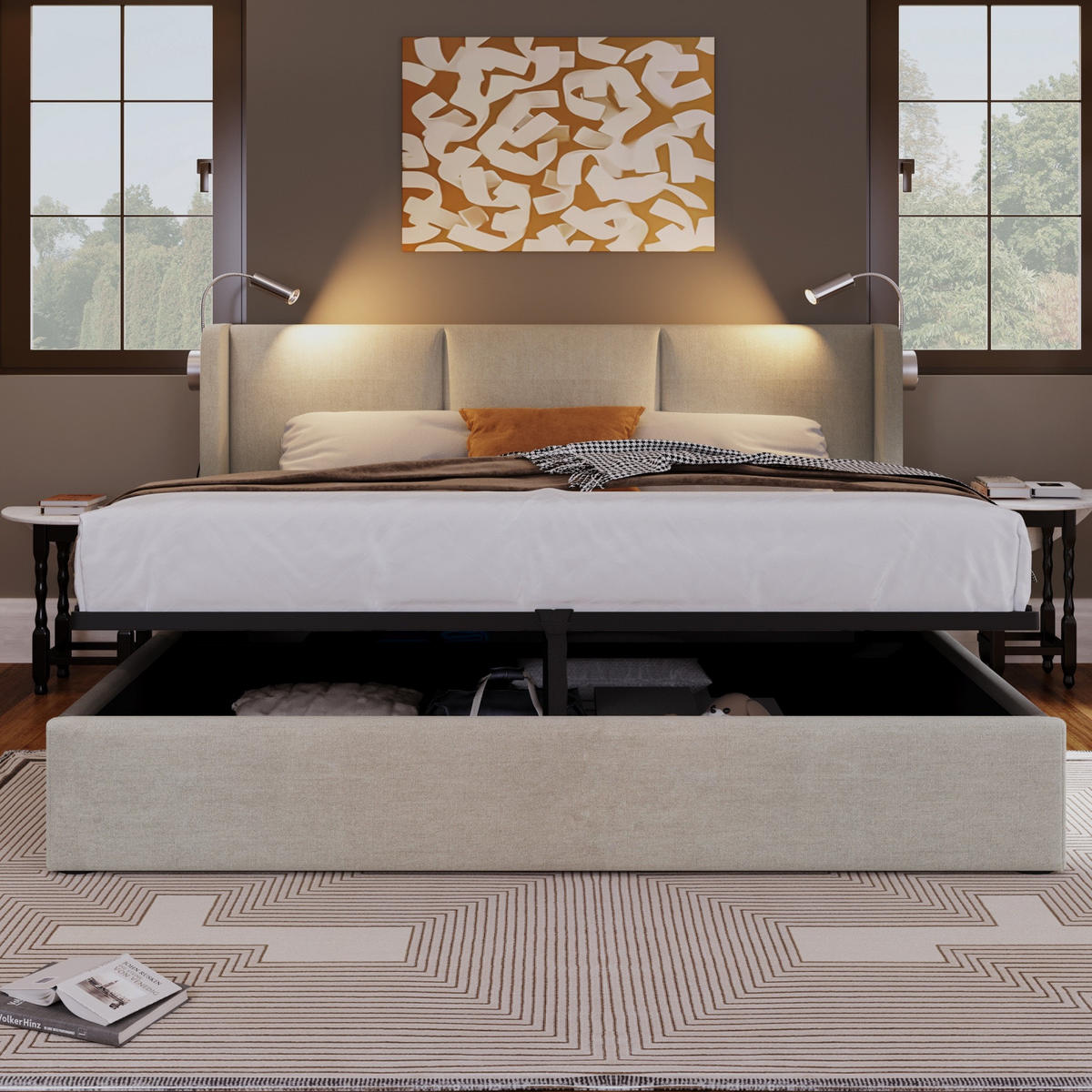POLSTERBETT 160x200 Beige – mit Stauraum, Lattenrost & USB-Leselampe - Beige, Holzwerkstoff (160/200cm) - Brevoria