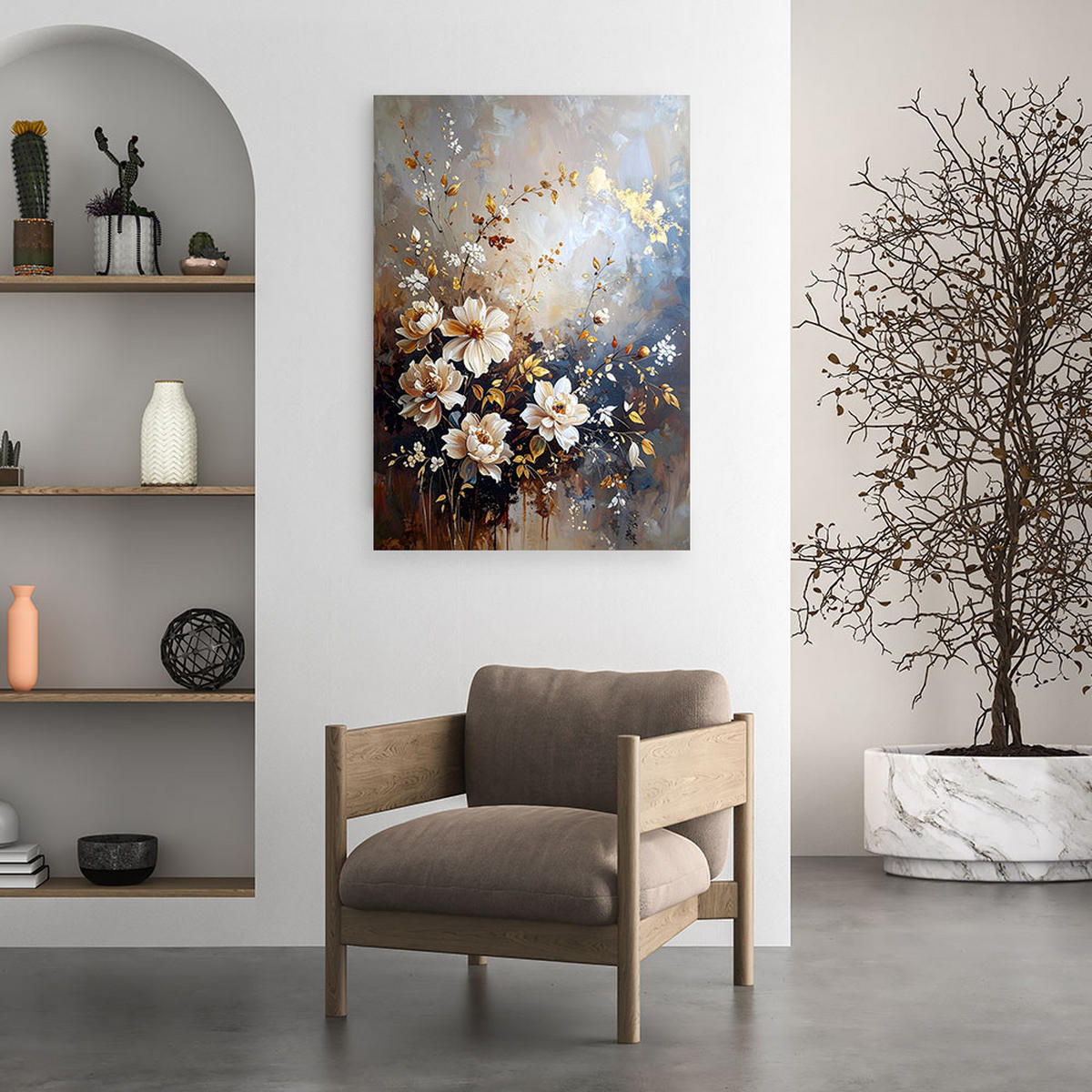 BILD auf Leinwand, Weiße Blumen einer Pflanze auf beigem Hintergrund - Beige, Textil (20/30cm) - Feeby