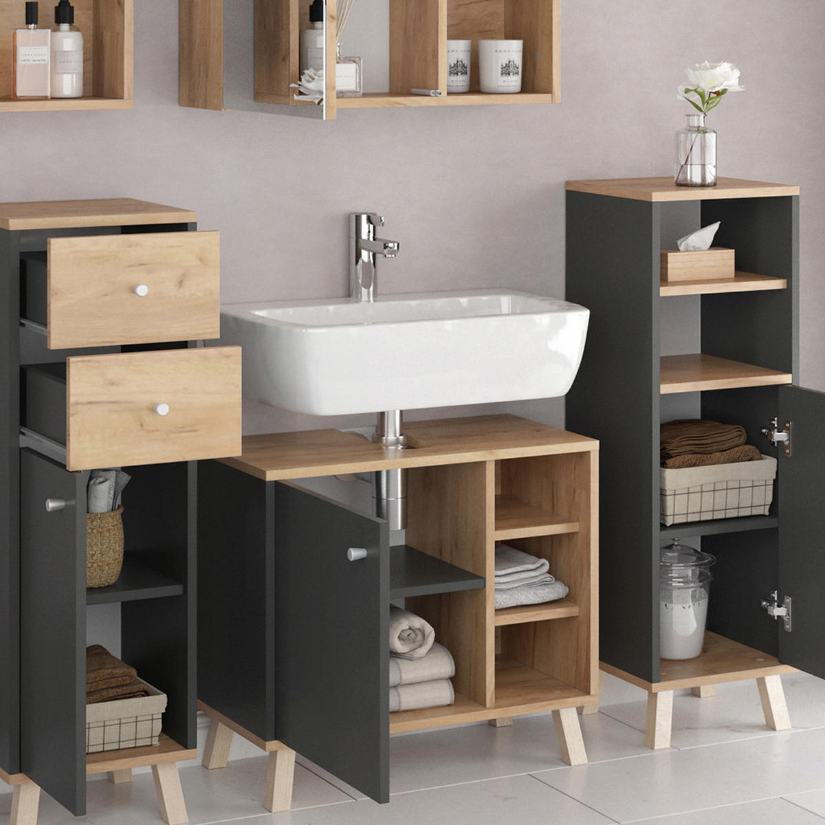 BADMÖBEL-SET Senyo Anthrazit 5 Teile, mit Regalen - Honigeiche/Anthrazit, Holzwerkstoff (62/54/32cm) - Vicco