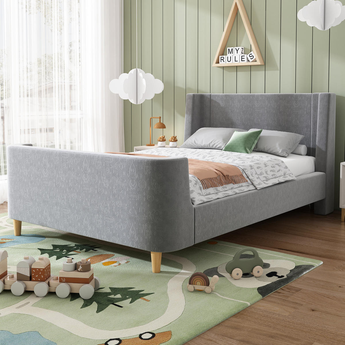 KINDERBETT 90/200 cm aus Samt mit gepolstertem Kopfteil im Weltraumdesign Grau - Grau, Textil (90/200cm) - Modenvie