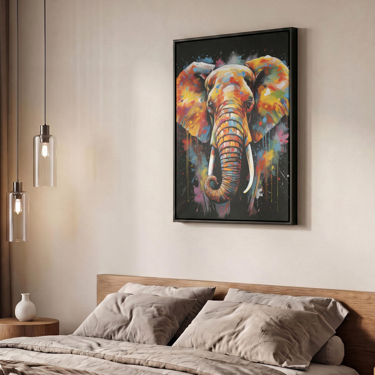 LEINWAND Bilder mit Rahmen - Elefant - Graffiti - Schwarz - Tiere - Farben - 50x70 - Schwarz, Textil (50/70cm) - MuchoWow