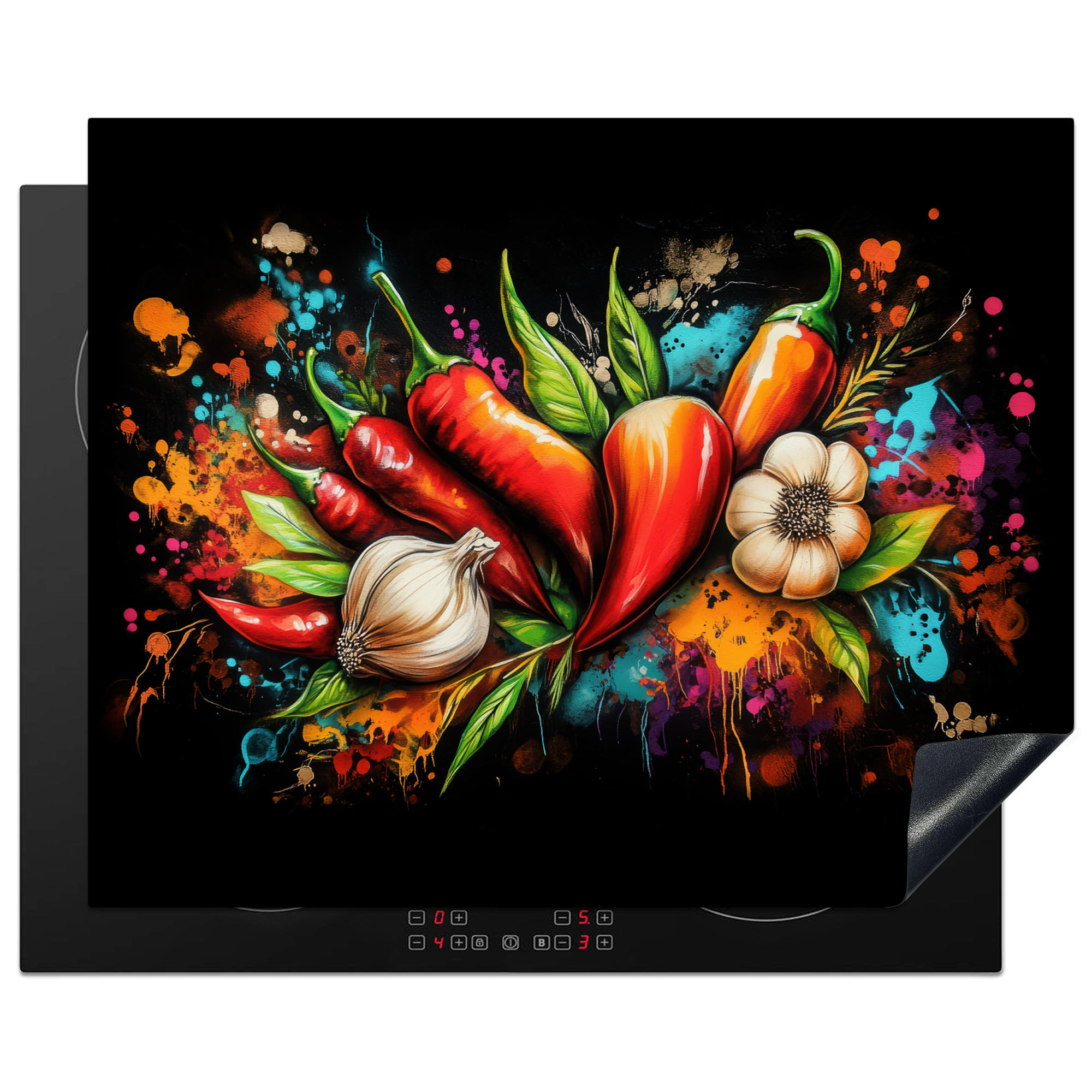 HERDABDECKPLATTE Gemüse - Paprika - Knoblauch - Graffiti - Farbe - Bunt 65x52 cm - Rot, Kunststoff (65/0.2/52cm) - MuchoWow