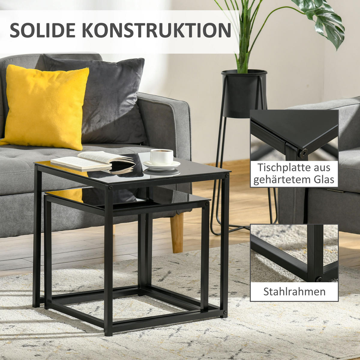 BEISTELLTISCH-SET, Stahl, Glas, Schwarz - Schwarz, Metall (50/50/52cm) - HOMCOM