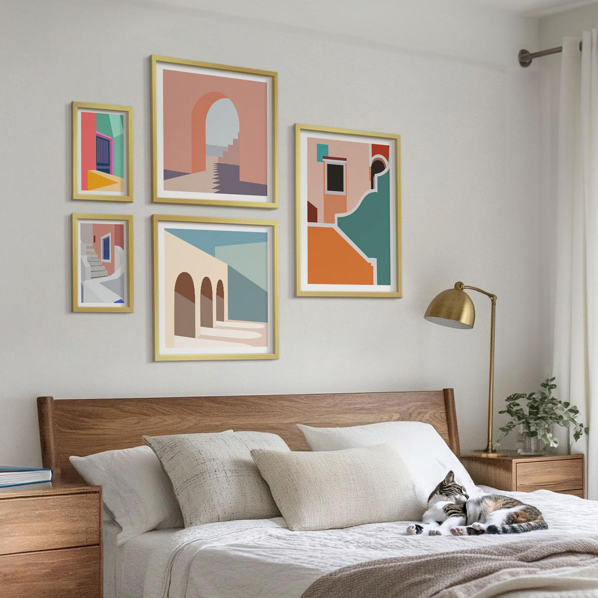 BILDER SET 5er Set - 50x50 cm & 20x30 cm & 40x60 cm Goldrahmen - Farbenfrohe moderne Gebäude - Goldfarben, Kunststoff (40/60cm) - TULUP